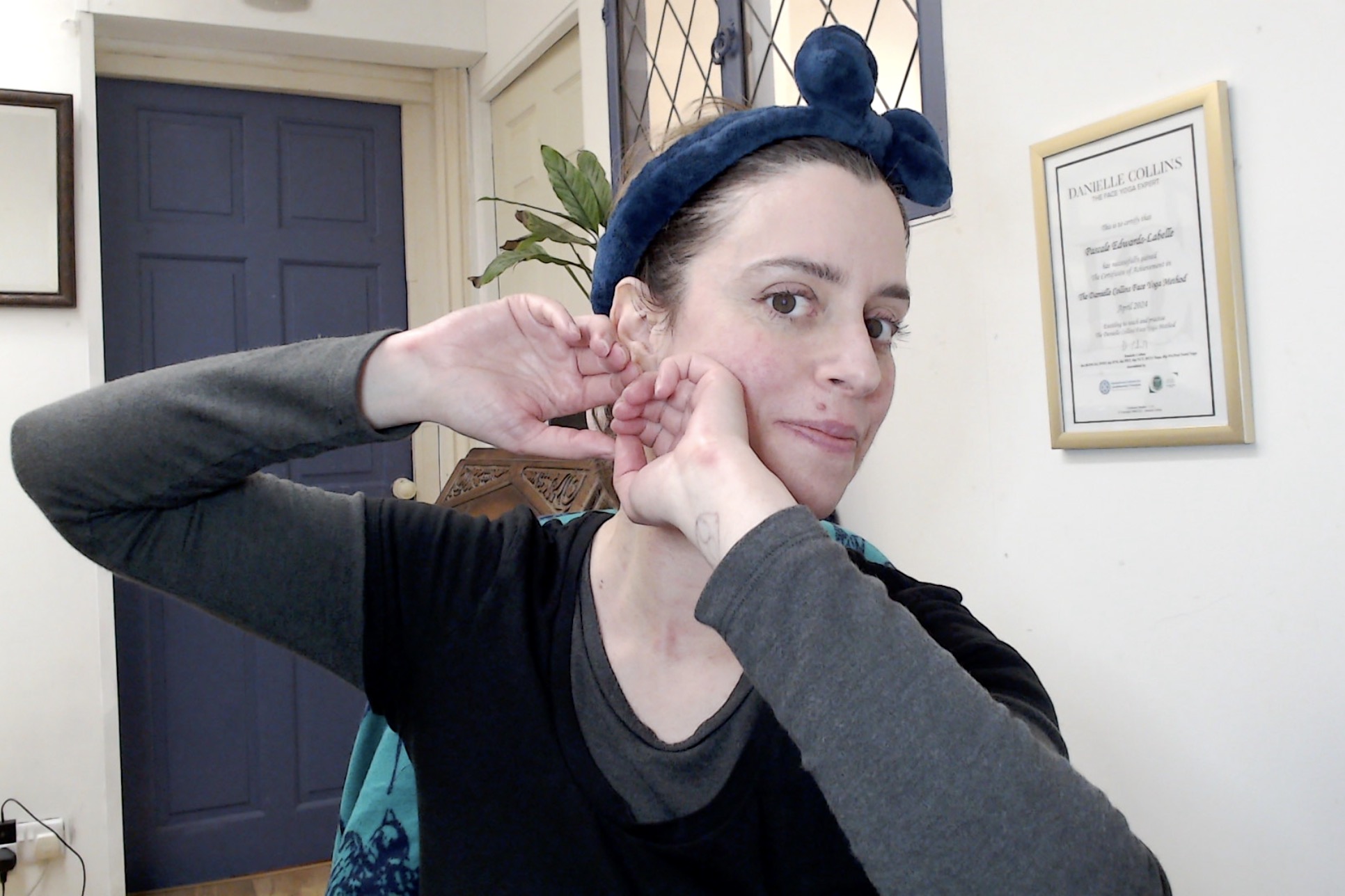 Pascale teaching weekly online face yoga class on Zoom
